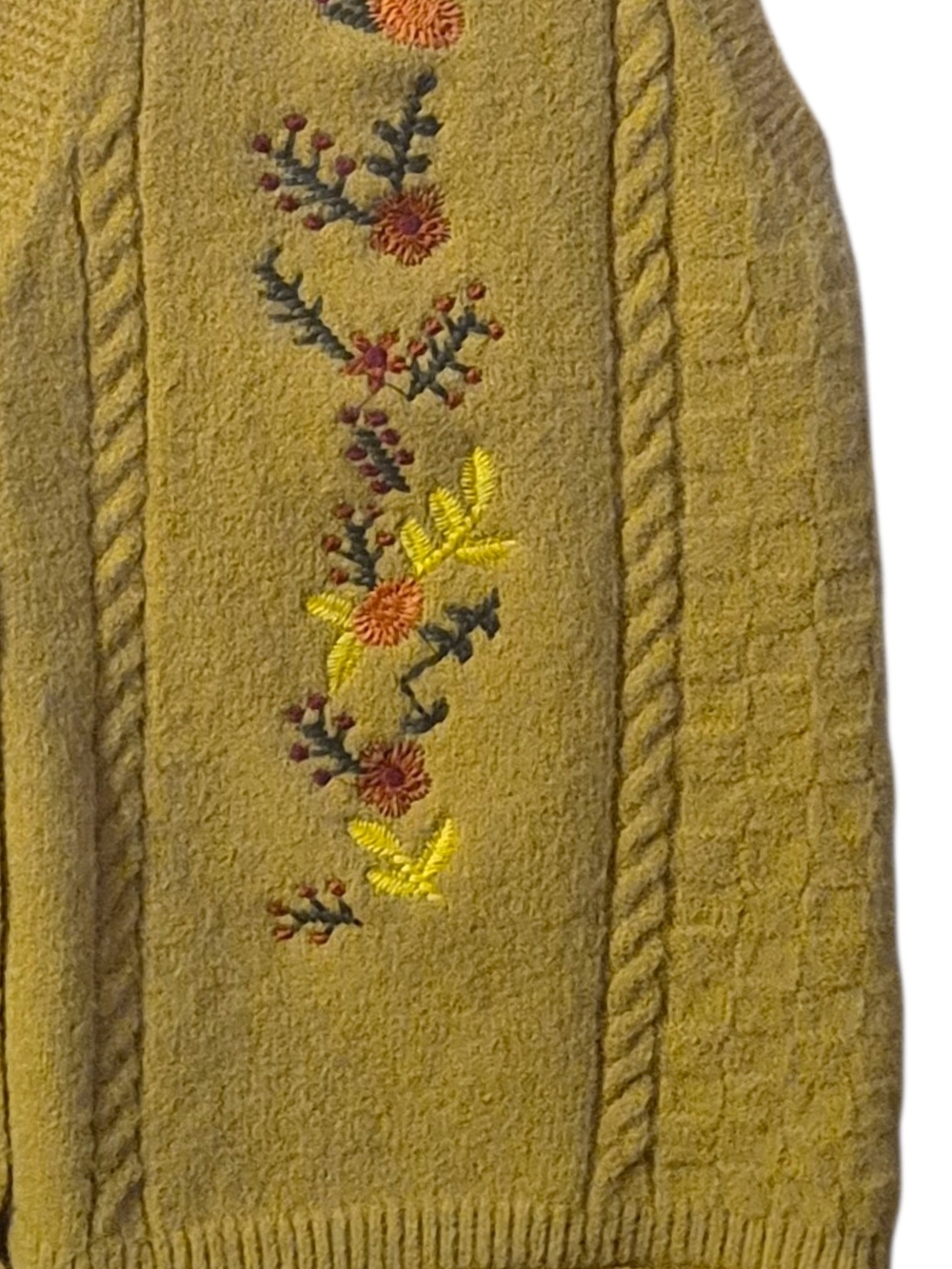 Floral Embroidered Sweater Vest M Mustard Cable Knit Cottagecore Boho Indie Folk - Picture 3 of 6